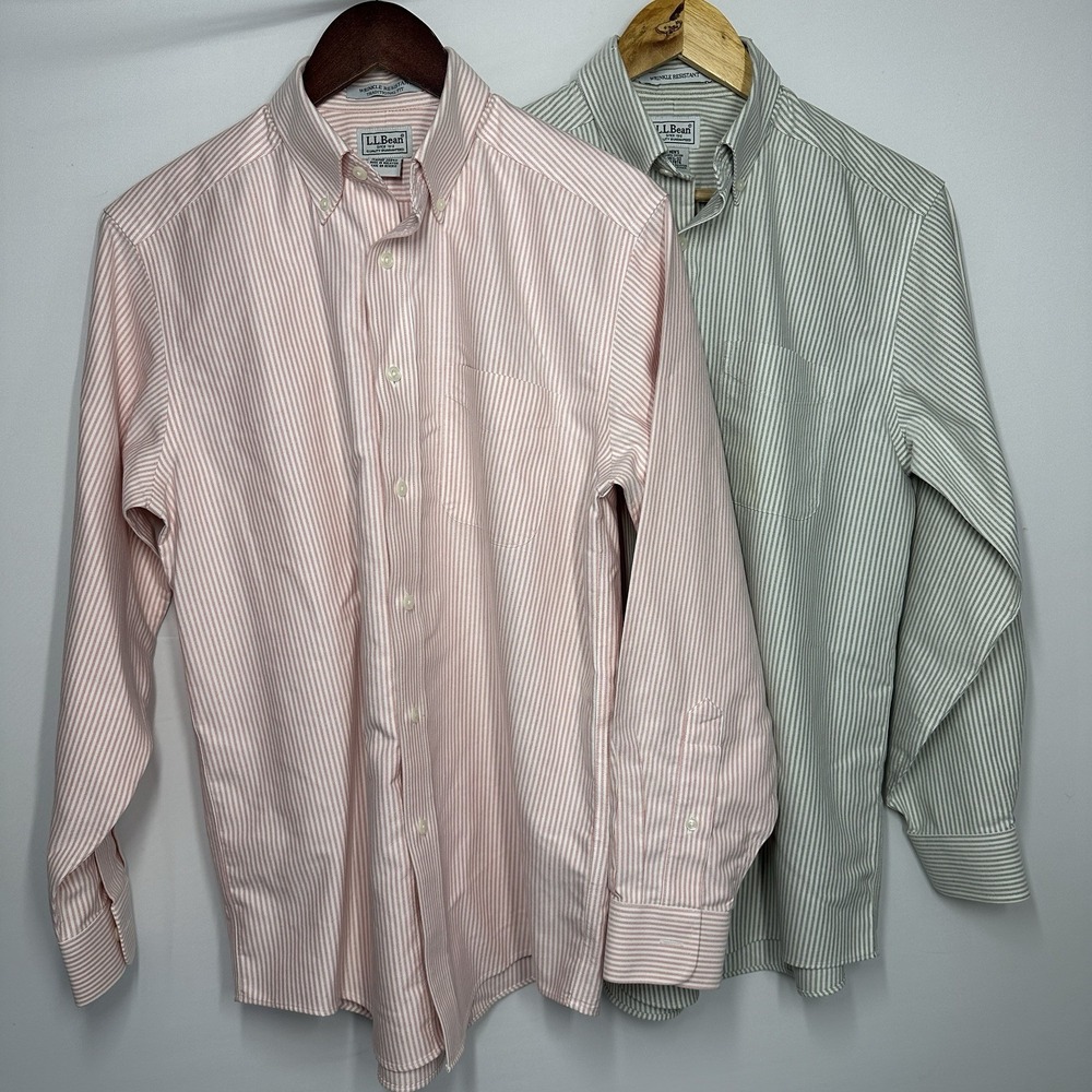 2 LL Bean Men's Casual Button Down Shirts 14.5 32 Plaid Pink Gray Wrinkle Free